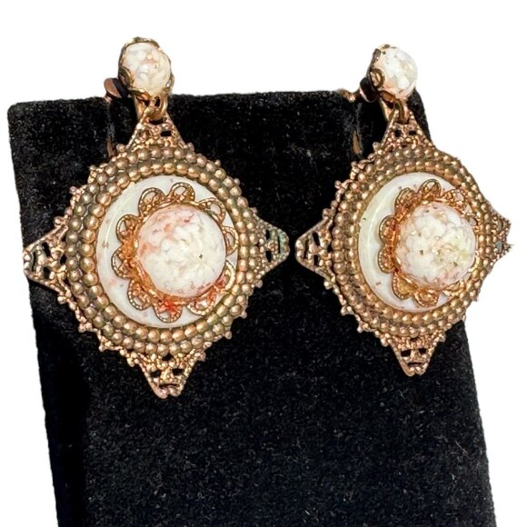 Vintage Art Deco Copper Filigree Clip-On Earrings With White Fleck Stone - Picture 2 of 8